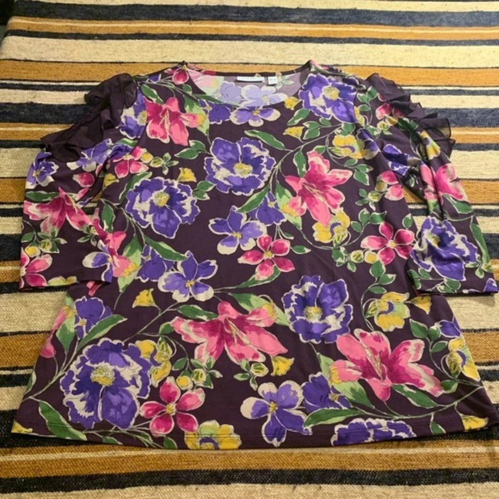 Susan Graver Womens XL Purple Floral Print Ruffled Sleeve Top Cottage Spring